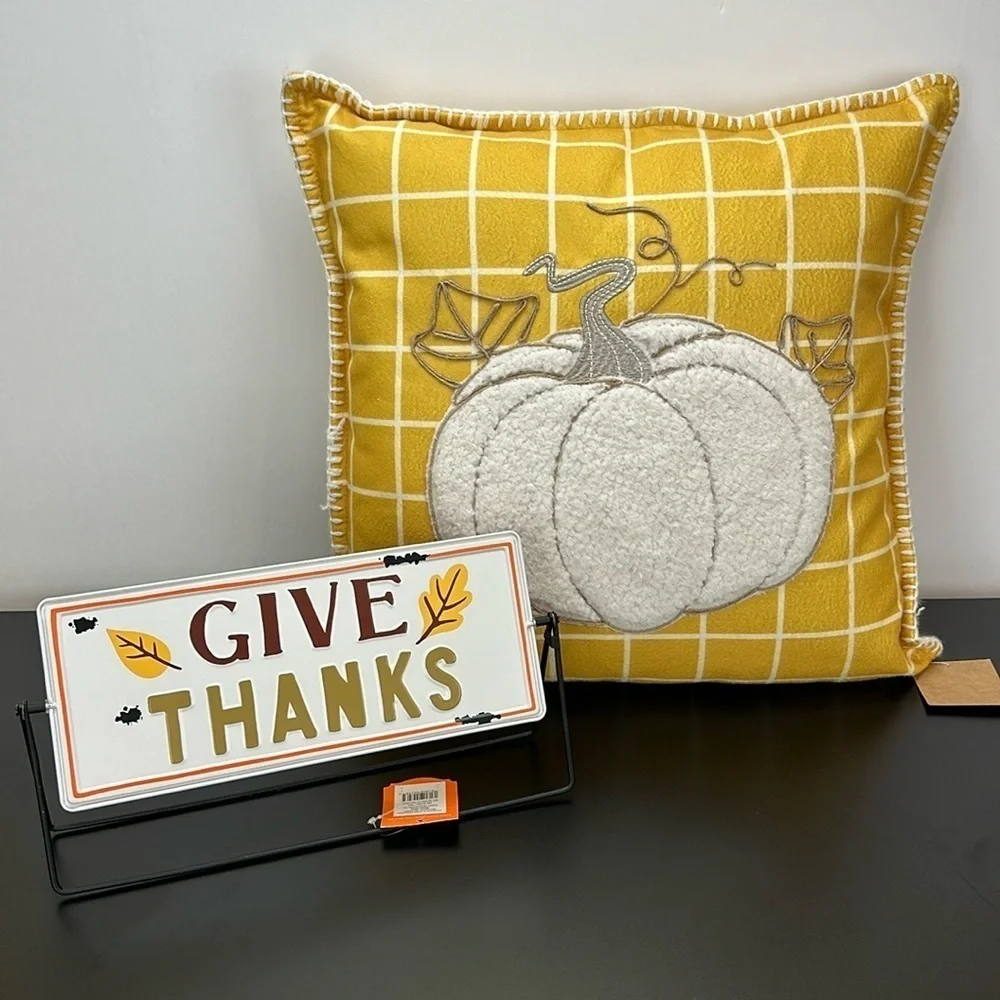 Thro Gold Cream Pumpkin Pillow & Hyde and Eek Reversible Table Top Sign Fall NWT